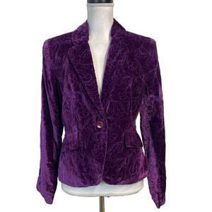 Bandolino Velvet Embroidered Blazer Jacket Women's Size 10 Purple Boho Peasant